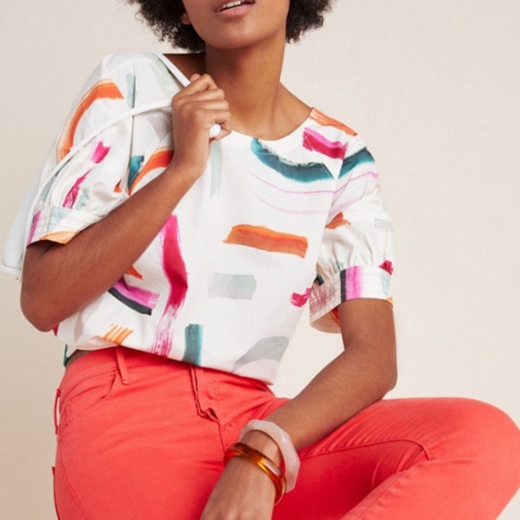 Anthropologie Aimee Clarke XS cotton blouse paint brush design buttons cottage - Picture 10 of 10